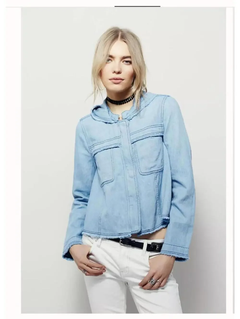Free People Cropped Denim Jacket Hooded Raw Edge Light Wash Boho Festival L